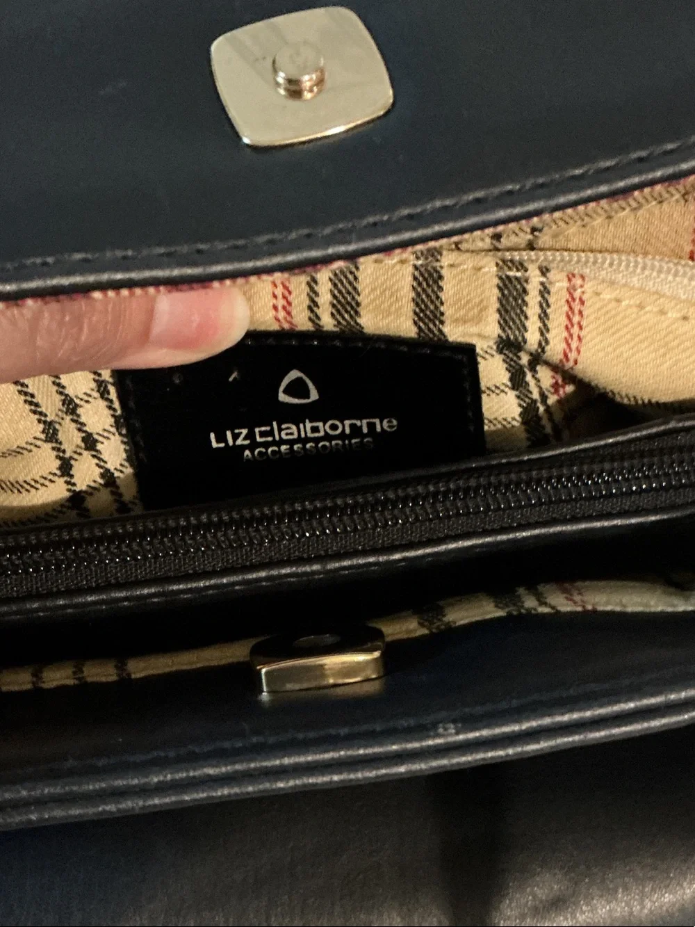 Liz Claiborne Vintage Navy Vinyl with Leather Trim Tote Satchel Gold Plaque